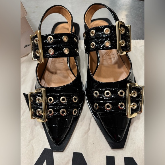 💫Ganni Black Patent Python Gold Buckle Ballerinas - Picture 8 of 13